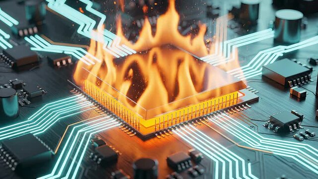 Processor animation, fiery flames rising from a microchip on a futuristic circuit board, glowing electronic pathways and overheating technology concept for data processing video effects