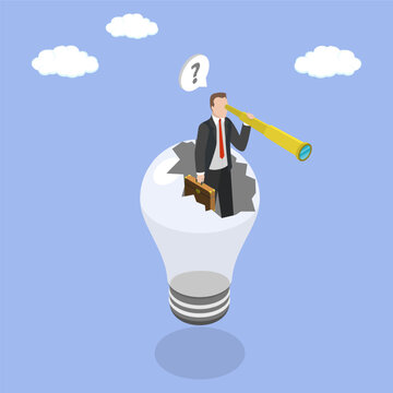 3D Isometric Flat Vector Illustration of Broken Bulb , Innovative Entrepreneur Seeks Fresh Business Perspective With Binoculars In Burnt-Out Bulb