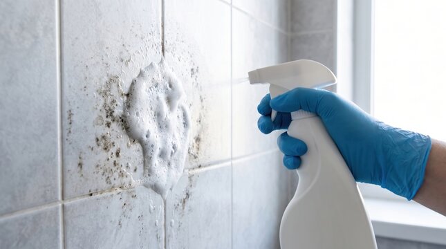 A person wearing a blue glove sprays foam cleaner on moldy bathroom tiles to remove dirt and mildew.