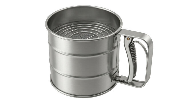 A stainless steel sifter with a handle on transparent background