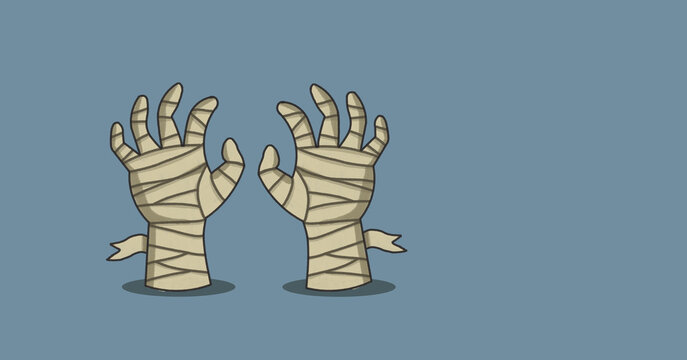 Illustration of two spooky mummy hands wrapped in bandages reaching up on a dark background