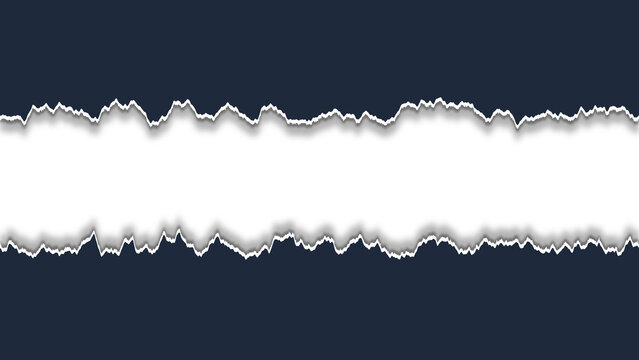 Dark blue graphic backdrop featuring a wide horizontal torn paper window cutout with jagged edges and realistic drop shadows revealing a clean white central space