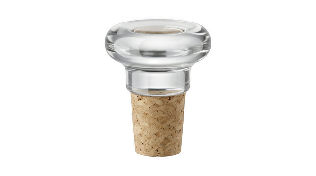 A wine stopper with a glass top and cork base on transparent background