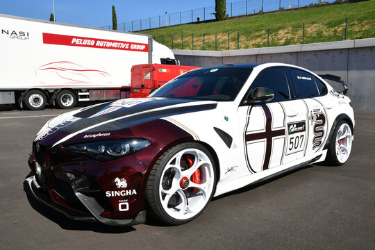 Scarperia, Italy - October 2th 2026: Exclusive Alfa Romeo Giulia GTAm "507" Custom Livery Showcased at the Mugello Circuit during the Historic Italian Grand Prix