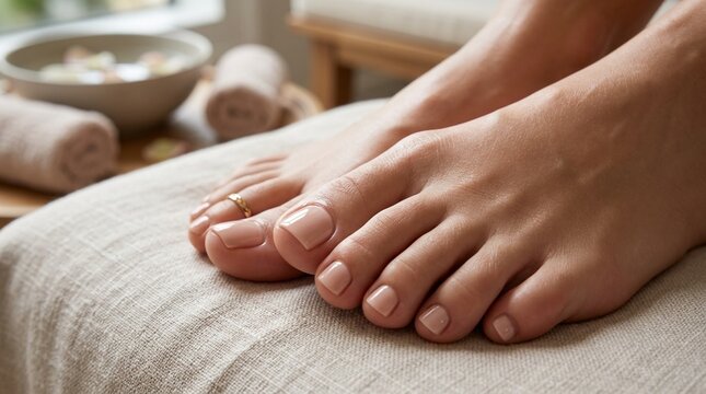 Close-up of woman's feet with polished toenails and toe ring, spa setting.
