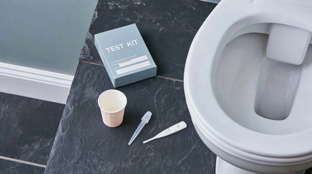 Medical diagnostic test kit with a specimen cup and dropper placed on a dark stone bathroom floor