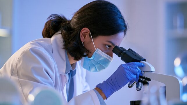 South Asian embryologist looking through a microscope in a modern clinical laboratory setting
