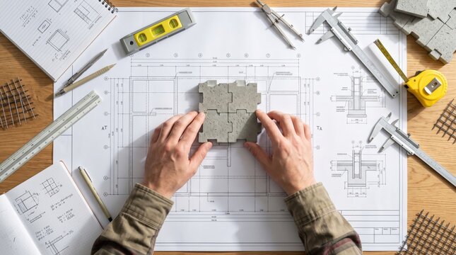 A person arranges concrete blocks on architectural blueprints, surrounded by measuring tools, modeling a construction design process.