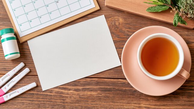 Overhead view of a blank paper note with ovulation test kits and a cup of tea on a wooden desk