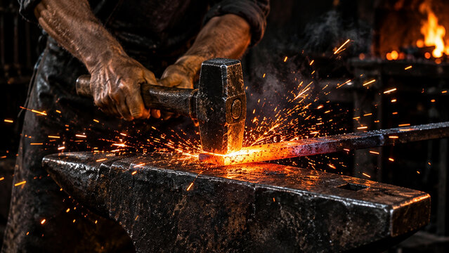 Blacksmith Forging Glowing Hot Metal Bar with Heavy Sledgehammer on Anvil with Fire Sparks   