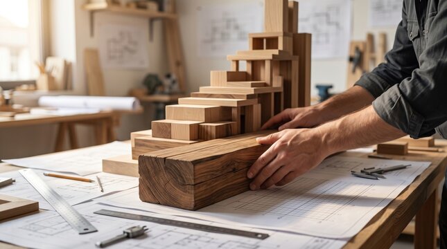 A person arranges wooden blocks on architectural blueprints in a workshop filled with tools and design plans.
