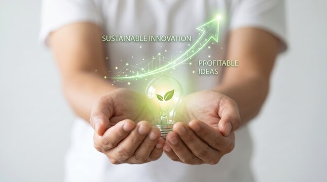 Hands holding a glowing light bulb with a green leaf inside, symbolizing sustainable innovation and profitable ideas with an ascending arrow graphic.