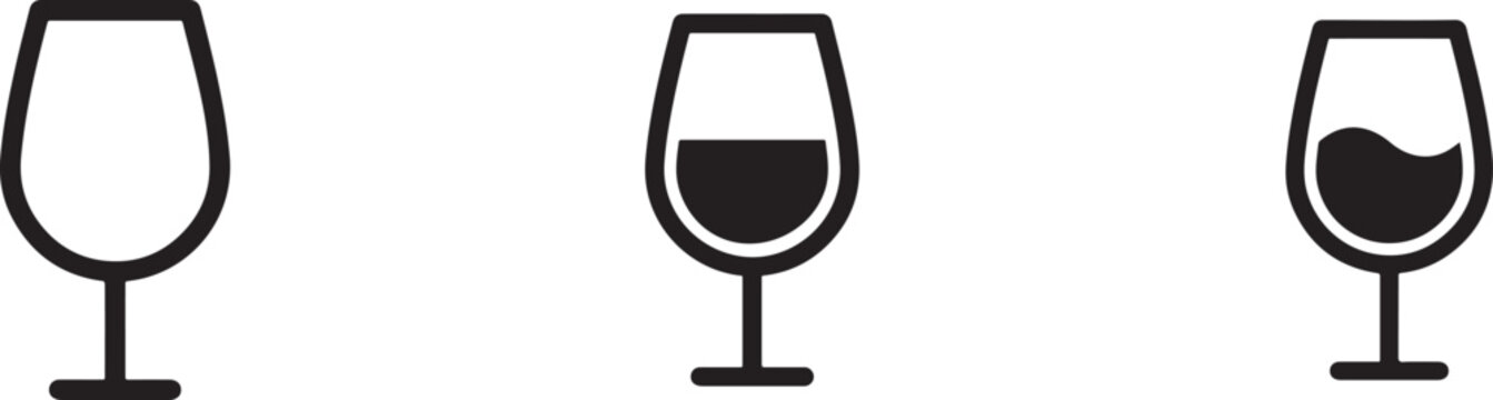 Wine glasses empty half full and wavy vector illustration set for drink menu and party.
