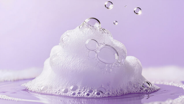Fluffy white soap foam mound with clear floating bubbles on lavender liquid surface, soft pastel purple backdrop in bright studio light, conceptual gentle cleansing and bubbly skincare concept
