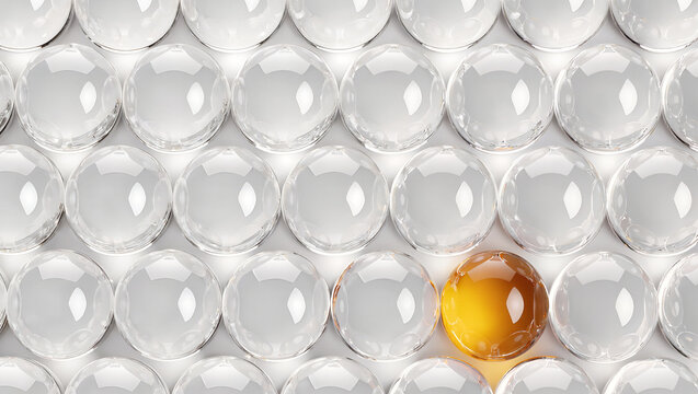 Single glowing amber sphere among rows of clear glass spheres on white, top view with bright soft light and reflections, conceptual standing out from the crowd and unique talent concept