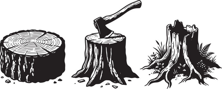 Vintage woodcut style vector set featuring a log slice, axe in stump, and rooted tree stump for rustic forestry design