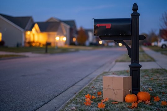 Parcel and pumpkins by roadside mailbox at dusk, Halloween