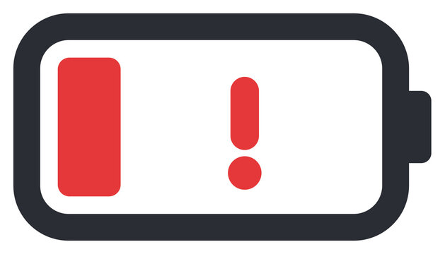 Low battery icon with red level and warning sign, flat style