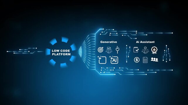 Low code platform interface with digital application development automation and modern software engineering system animation background.4k motion graphics video animation