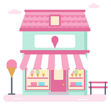 Pastel ice cream shop storefront with cone sign, flat illustration