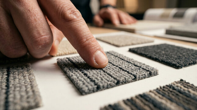 Close up view of a person pointing a finger at gray textured carpet swatches on a table during interior design consultation for home remodeling project, showing various fabric samples with distinct