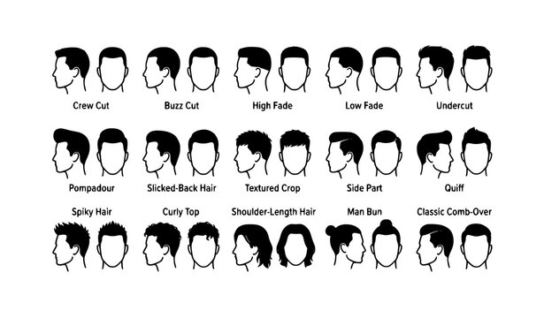 Men's Hairstyle Silhouette Collection with Fade Undercut Pompadour Crew Cut and Modern Barber Haircuts Vector Set