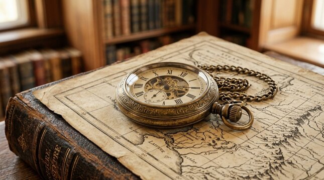 Vintage Pocket Watch on Old Book and Map with Bookshelf Background