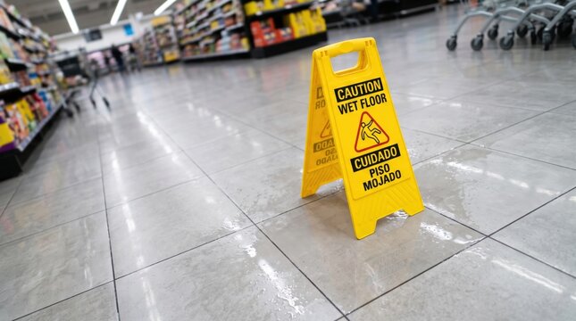 A yellow caution sign warns shoppers of a wet floor in a supermarket aisle with shelves and shopping carts visible in the background.