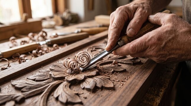 Close-up of skilled hands carving intricate floral patterns into wood using a chisel in a woodworking workshop.