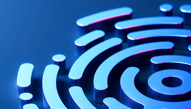 Glowing cyan curved circuit paths on blue background for wireless communication 3D design