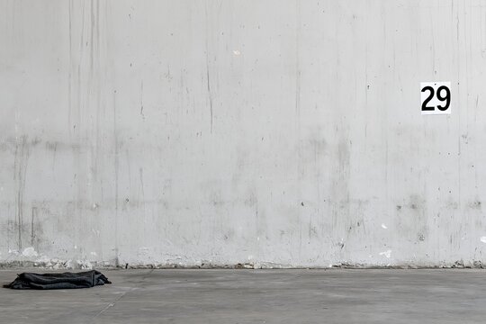 Scuffed concrete wall with water stains and a folded wool blanket on a cement floor, featuring a gritty texture and copy space for design