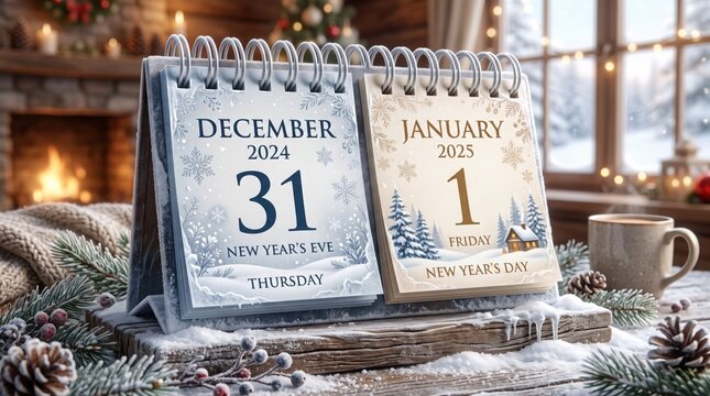 Winter New Year Calendar with December 31 and January 1, Snowy Christmas Village, Pine Cones and Cozy Fireplace Background