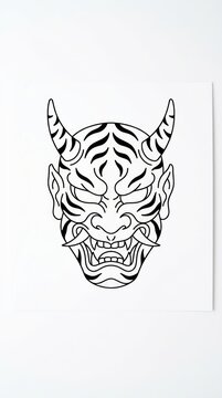 Minimalist black ink Oni mask drawing on white paper.