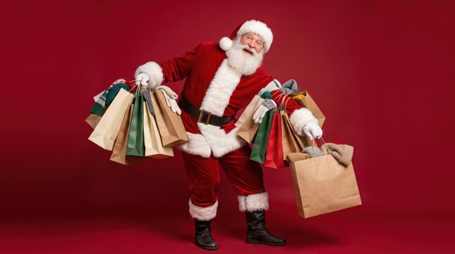 Joyful santa claus with many shopping bags in a vibrant studio shot, perfect for christmas discount and winter sales ads on a festive red background.