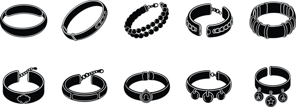 Fashion bracelet and wristband silhouette collection featuring jewelry accessories, charm bangles, leather cuffs, elegant wearable ornaments icon set