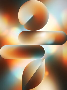 Monumental bronze and teal geometric New Year 27 built from pill and leaf forms in glowing haze