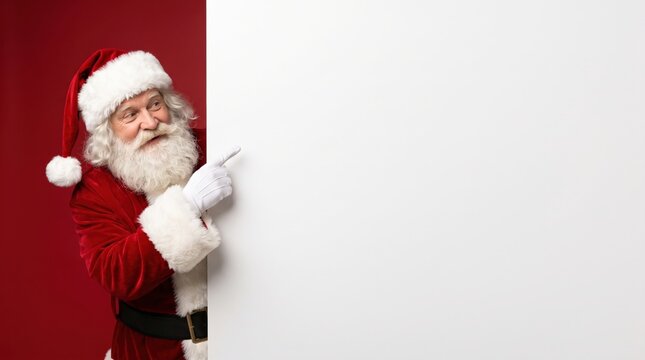 Jolly santa claus in his red suit points at a blank white board, ideal for festive christmas ads, winter sales, and discount shopping bargains, captured in a vibrant red studio shot.