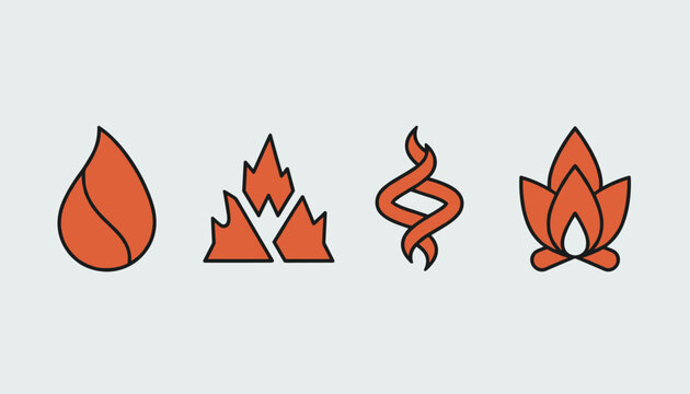 Set of four stylized orange fire and flame icons representing energy, heat, and warmth on light gray.