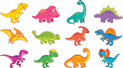 A collection of colorful prehistoric dinosaur characters arranged in a grid pattern featuring a distinctive and playful cartoon style inspired by a basic flat silhouette © AuraPixel