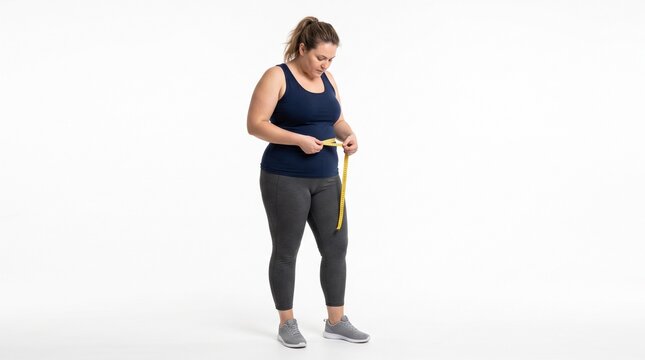Plus size adult woman wrapping a measuring tape around her visibly wide waist, looking down at her abdominal area, fitted plain sports top and leggings, full body, realistic anatomy