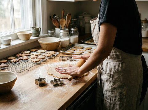 Woman rolling dough with a rolling pin on a kitchen table, preparing gingerbread cookies for Christmas holidays. Represents festive baking, holiday traditions, warmth, and family joy.
