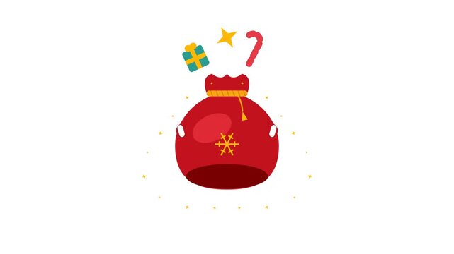 Seamless loop 2D vector Lottie animation of Santa Claus's bulging velvet toy sack bouncing with squash-and-stretch, popping out gifts, candy canes, and golden starbursts on transparent background.