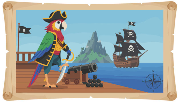 Pirate parrot wearing captain hat and coat standing on wooden dock with treasure map border and pirate ship in background.