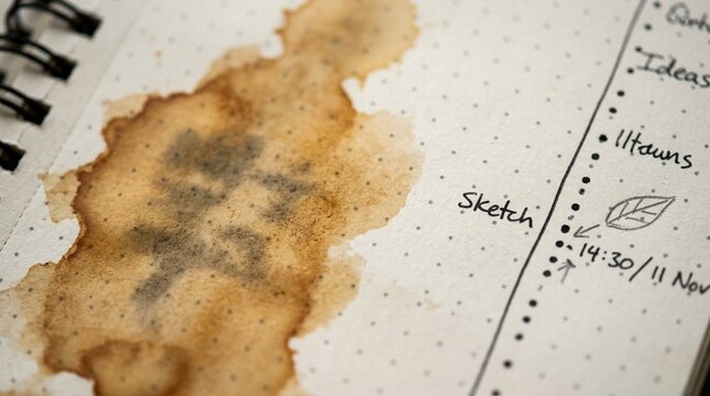 Coffee Stain on Dotted Notebook Page, Messy Writing, Accidental Spill, Journaling