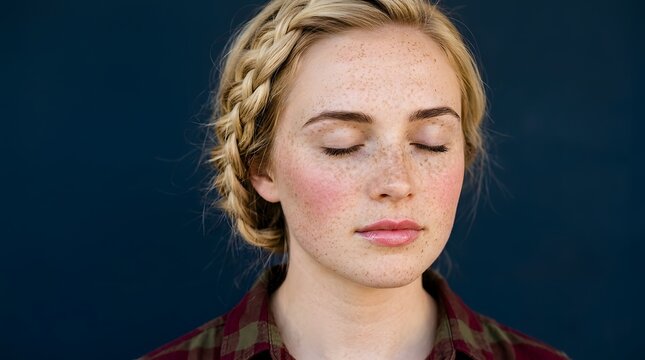 Peaceful young woman with natural freckles and braided hair keeping her eyes closed in deep relaxation, studio portrait against a dark textured background.