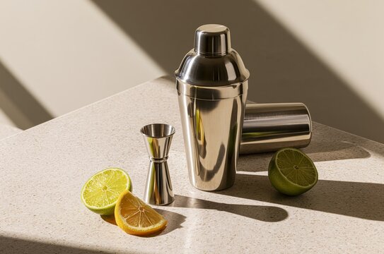 Detailed view of cocktail shaker with jigger and citrus on a stone counter in natural window light