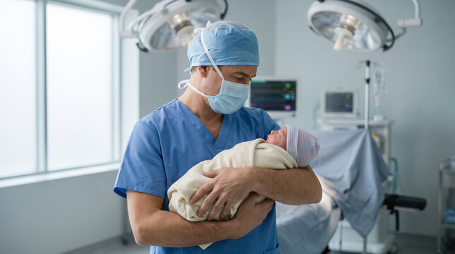 Male surgeon cradling newborn baby in operating room after childbirth delivery. Concept of pediatrician, doctor.