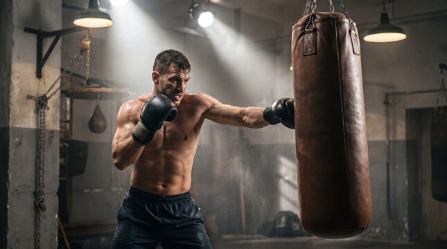 Male Boxer Training with Heavy Punching Bag in Dark Gym. Concept of boxing fighter, boxing training.
