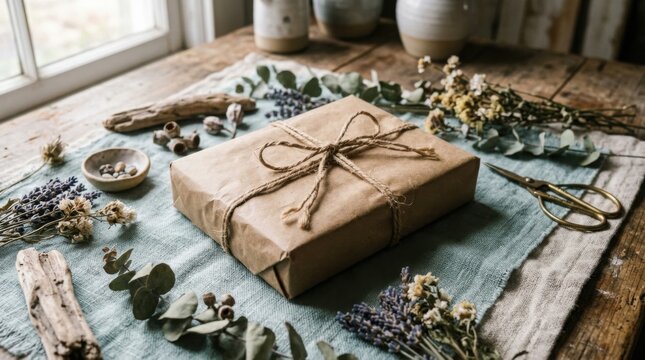 Brown paper gift parcel tied with rustic twine on a linen cloth for