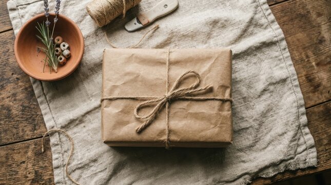 Brown paper parcel wrapped with twine on rustic linen cloth for